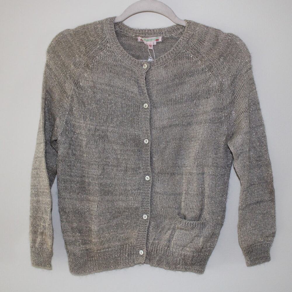 NWT Bonpoint Cotton Wool Knit Cardigan Chine‎ Sweater Gray Metallic 12